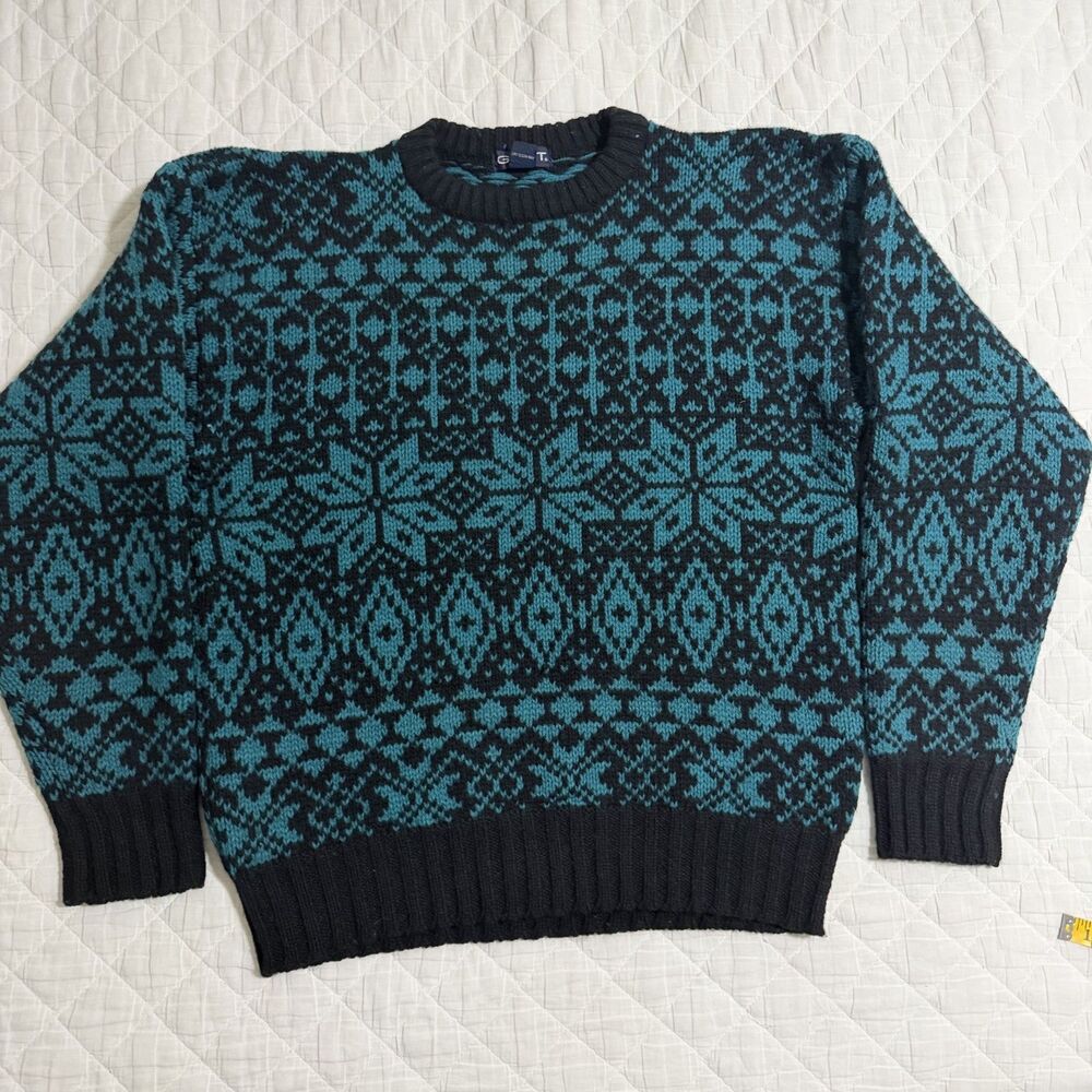 GANT L Black Blue 100% Wool Long Sleeve Sweater Pullover